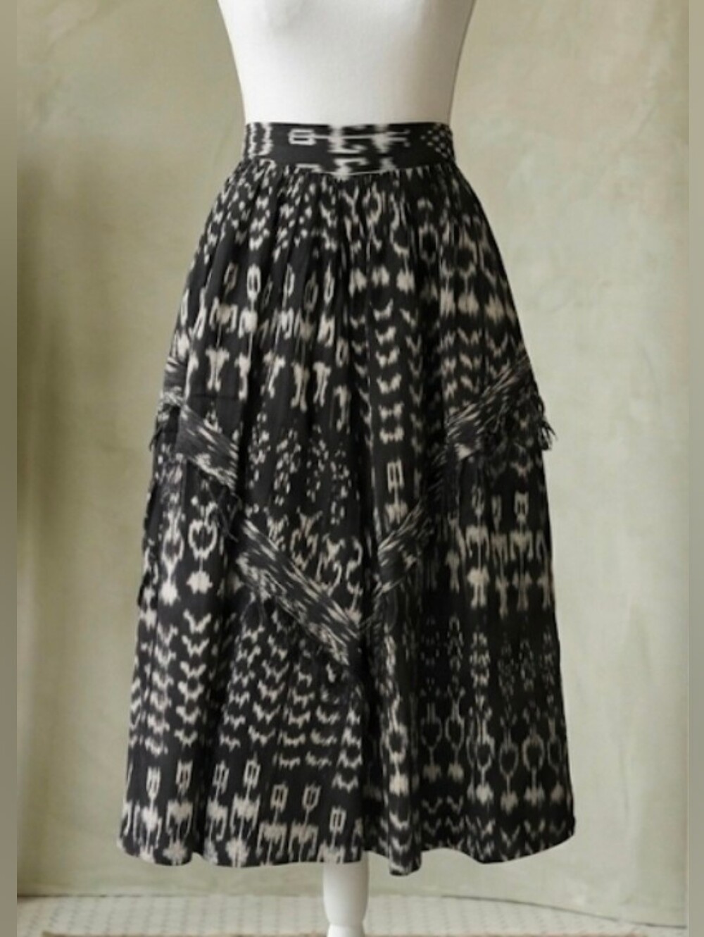 Black & White Woven Ikat Cotton Midi Skirt w Fringe & Pockets Artisan Boho Small